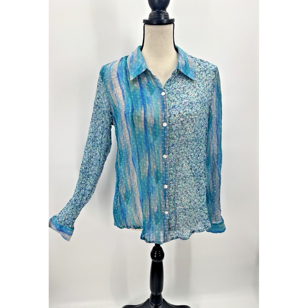 Nordstroms APNY Sheer Silk Top Medium Button Up Watercolor Wearable Art to Wear - Picture 2 of 16